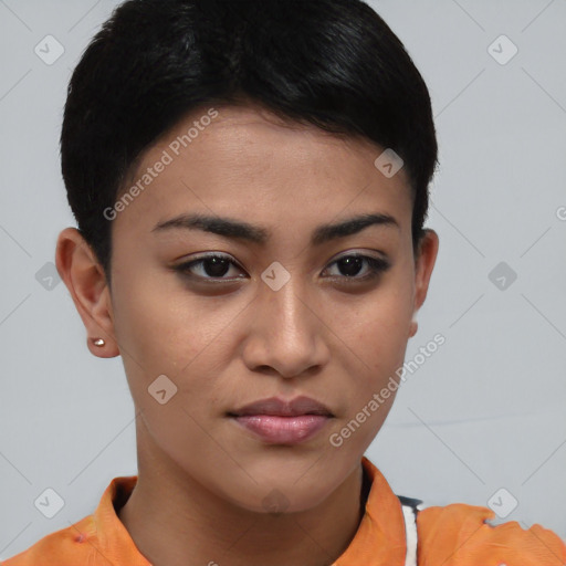 Joyful latino young-adult female with short  brown hair and brown eyes