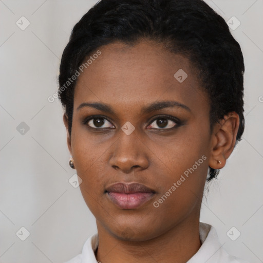 Neutral black young-adult female with short  black hair and brown eyes