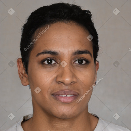 Joyful latino young-adult female with short  brown hair and brown eyes