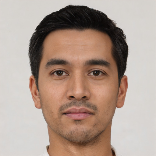 Neutral asian young-adult male with short  black hair and brown eyes