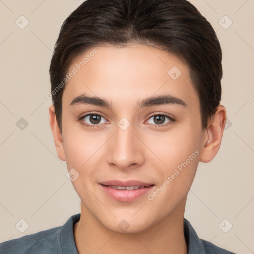 Joyful white young-adult female with short  brown hair and brown eyes