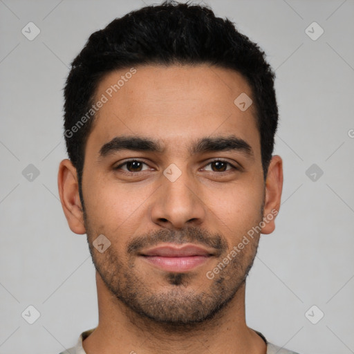 Neutral latino young-adult male with short  black hair and brown eyes