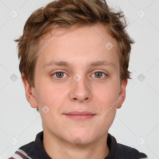 Neutral white young-adult male with short  brown hair and grey eyes