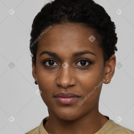 Neutral black young-adult female with short  black hair and brown eyes