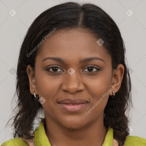 Joyful black young-adult female with medium  brown hair and brown eyes