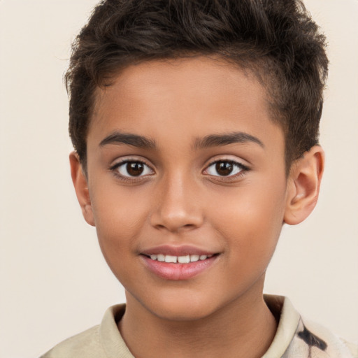 Joyful white child male with short  brown hair and brown eyes