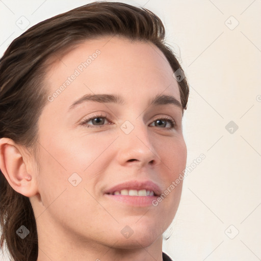 Neutral white young-adult female with medium  brown hair and brown eyes