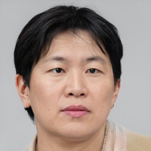 Neutral asian adult male with short  brown hair and brown eyes