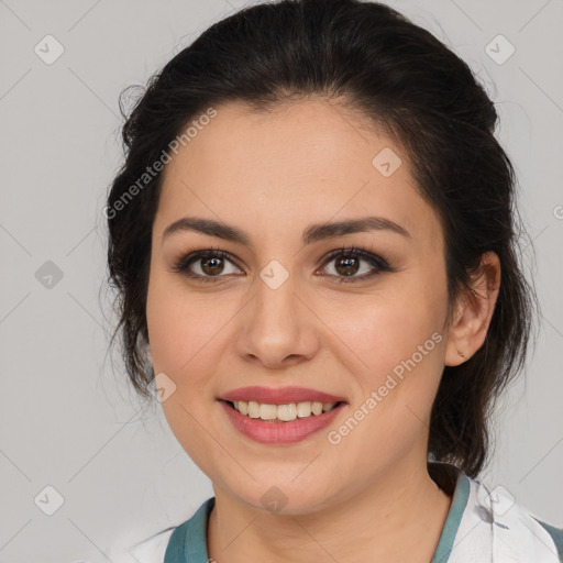 Joyful latino young-adult female with medium  brown hair and brown eyes