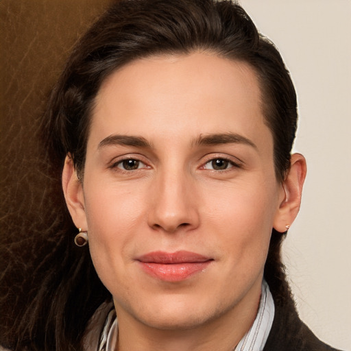 Joyful white young-adult female with medium  brown hair and brown eyes