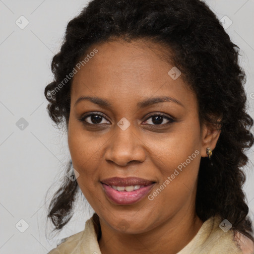 Joyful black young-adult female with medium  brown hair and brown eyes