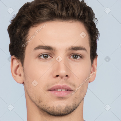 Neutral white young-adult male with short  brown hair and brown eyes