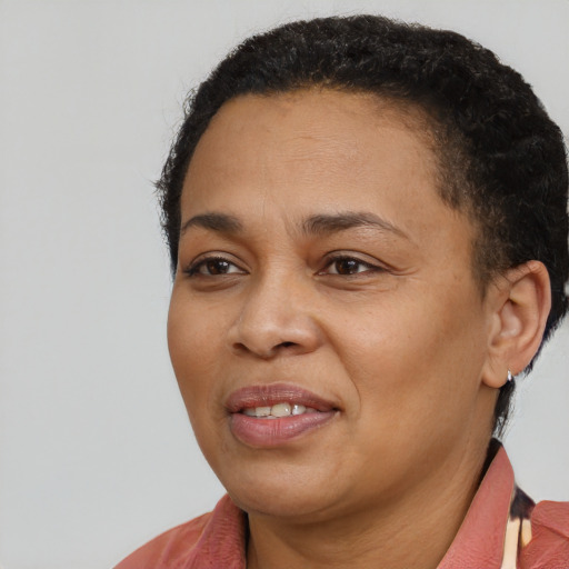 Joyful black adult female with short  black hair and brown eyes