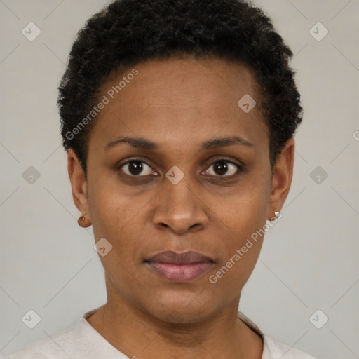 Neutral black young-adult female with short  black hair and brown eyes