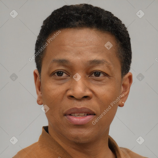 Joyful black adult male with short  brown hair and brown eyes