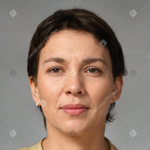 Joyful white young-adult female with short  brown hair and grey eyes