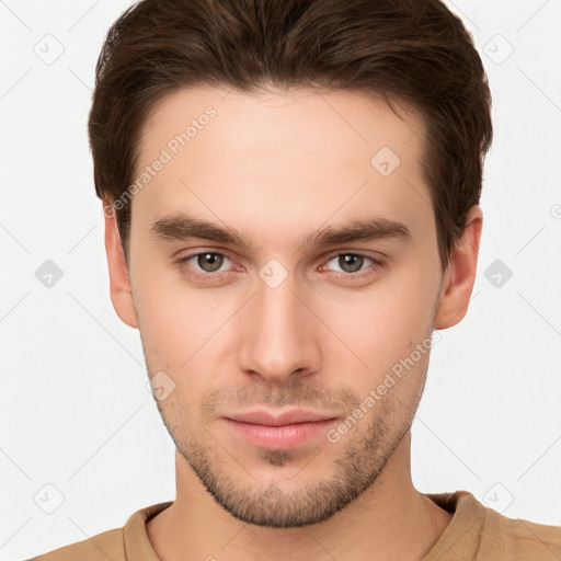 Neutral white young-adult male with short  brown hair and brown eyes