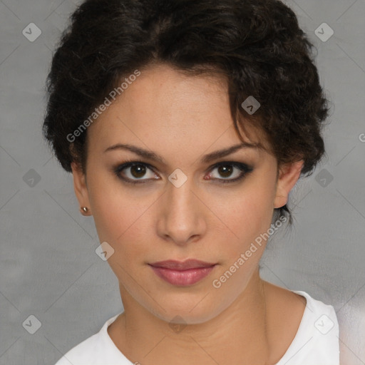 Neutral white young-adult female with short  brown hair and brown eyes