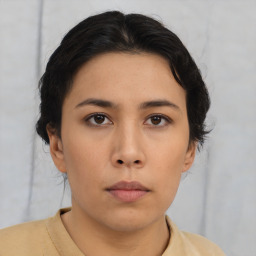 Neutral asian young-adult female with short  brown hair and brown eyes