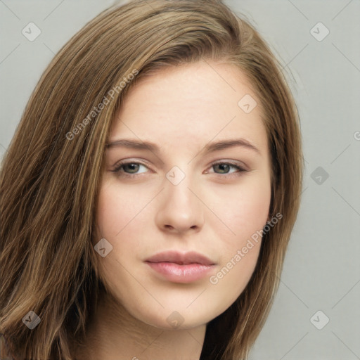 Neutral white young-adult female with long  brown hair and grey eyes