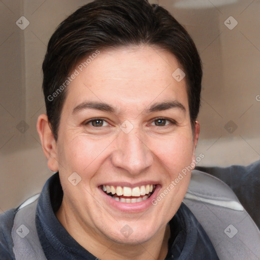 Joyful white adult female with medium  brown hair and brown eyes