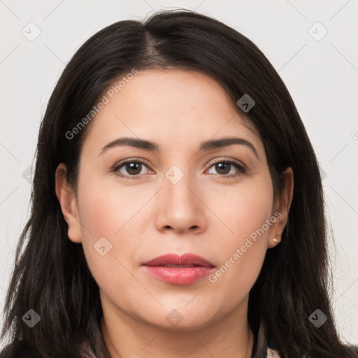 Neutral white young-adult female with long  brown hair and brown eyes