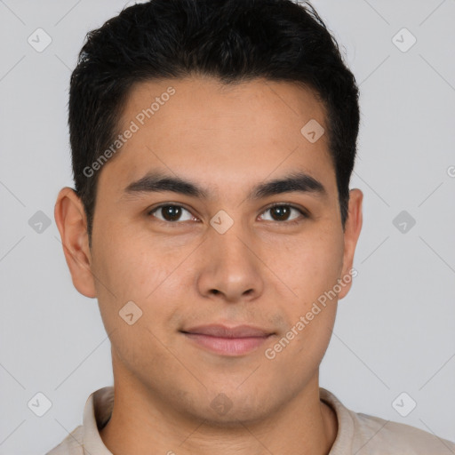 Neutral latino young-adult male with short  brown hair and brown eyes