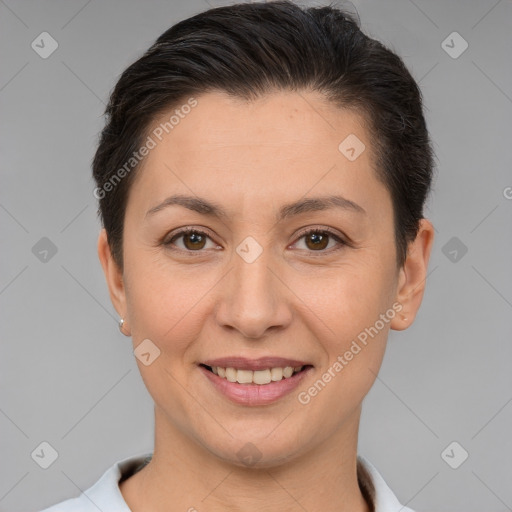 Joyful white young-adult female with short  brown hair and brown eyes