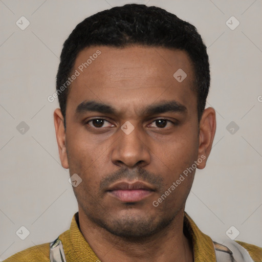 Neutral latino young-adult male with short  black hair and brown eyes