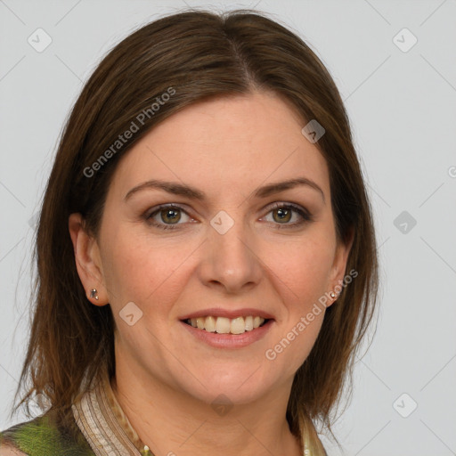 Joyful white young-adult female with medium  brown hair and green eyes