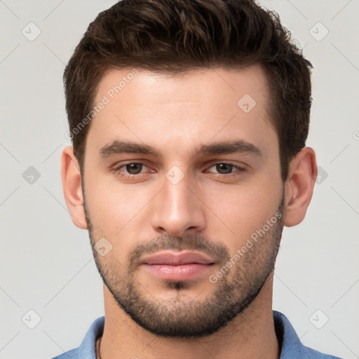 Neutral white young-adult male with short  brown hair and brown eyes