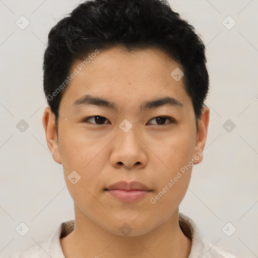 Neutral asian young-adult male with short  black hair and brown eyes