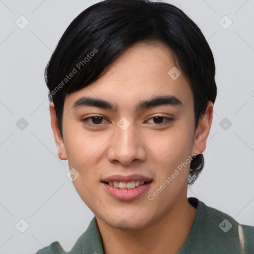 Joyful asian young-adult male with short  black hair and brown eyes