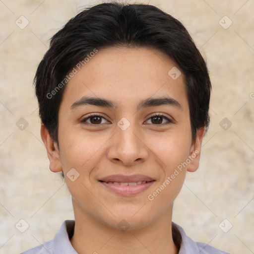 Joyful white young-adult female with short  brown hair and brown eyes