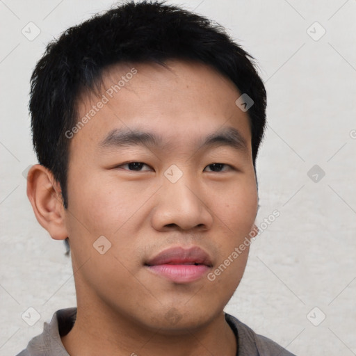 Neutral asian young-adult male with short  black hair and brown eyes