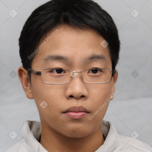 Neutral asian young-adult male with short  brown hair and brown eyes