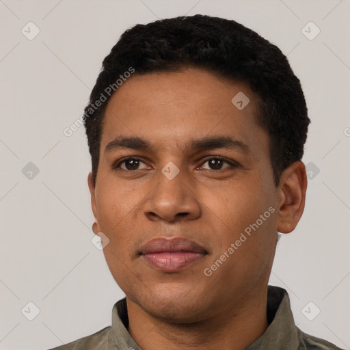 Neutral latino young-adult male with short  black hair and brown eyes