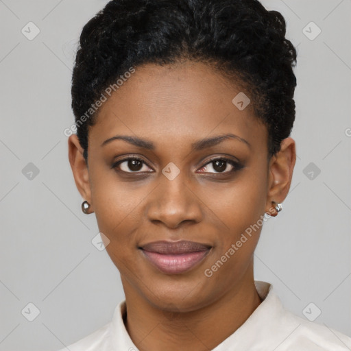 Joyful latino young-adult female with short  black hair and brown eyes