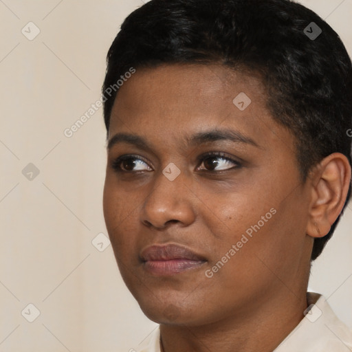 Neutral black young-adult female with short  black hair and brown eyes
