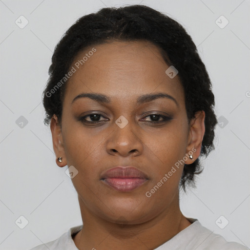 Neutral black young-adult female with short  brown hair and brown eyes