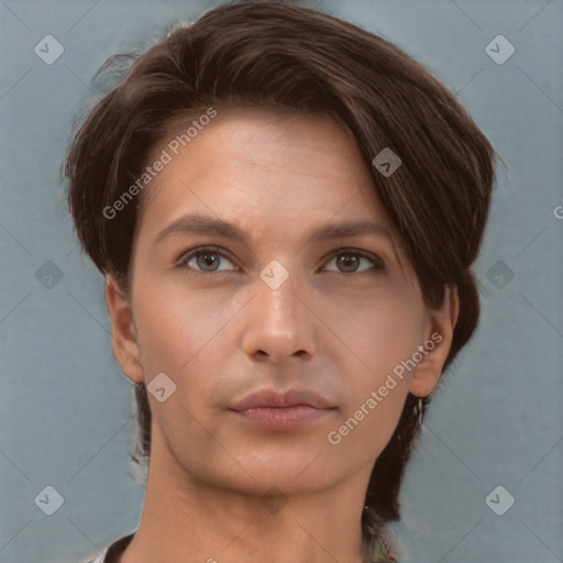 Neutral white young-adult female with short  brown hair and brown eyes