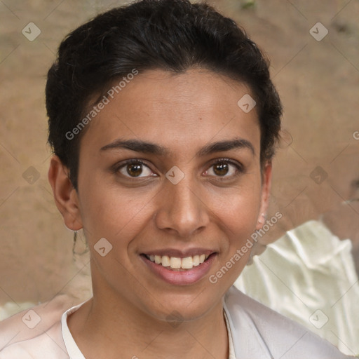 Joyful white young-adult female with short  brown hair and brown eyes