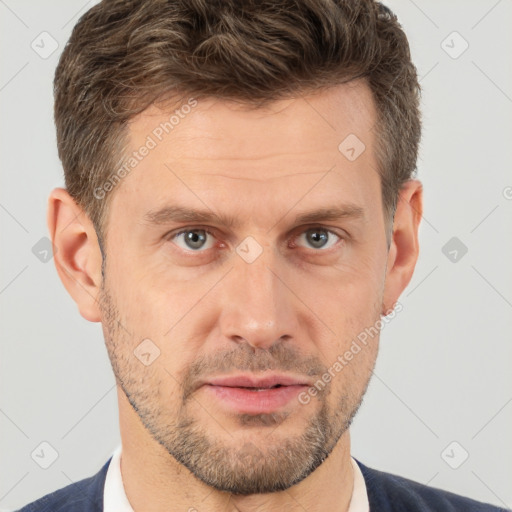 Neutral white adult male with short  brown hair and brown eyes