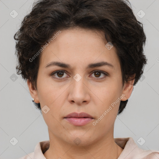 Neutral white young-adult female with short  brown hair and brown eyes