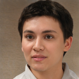 Neutral white young-adult female with short  brown hair and brown eyes