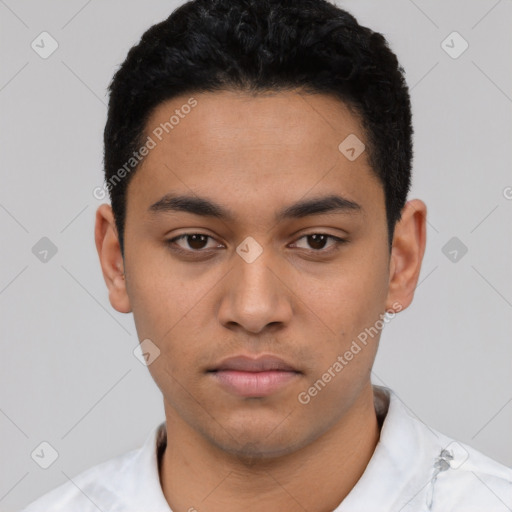 Neutral latino young-adult male with short  black hair and brown eyes