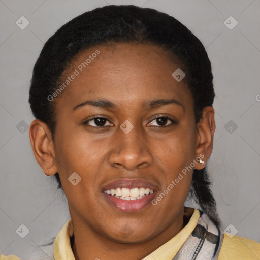 Joyful latino young-adult female with short  brown hair and brown eyes