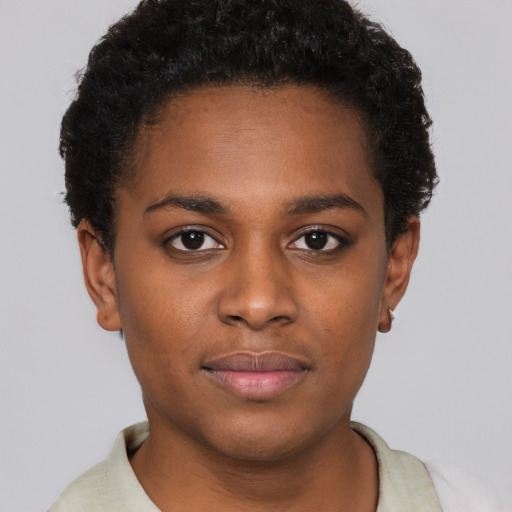 Neutral black young-adult female with short  brown hair and brown eyes