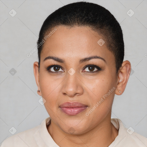 Joyful latino young-adult female with short  brown hair and brown eyes