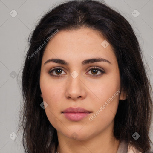 Neutral white young-adult female with long  brown hair and brown eyes